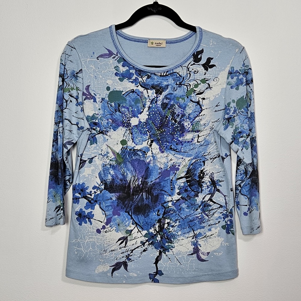 Cactus‎ Blouse Shirt Womens Sz M Aqua Flower Cotton Embellished 3/4 Sleeve USA
